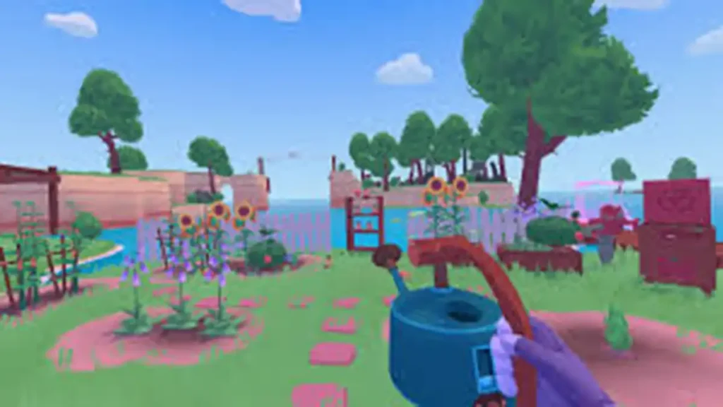 a video game screen with a hand holding a watering can and a garden